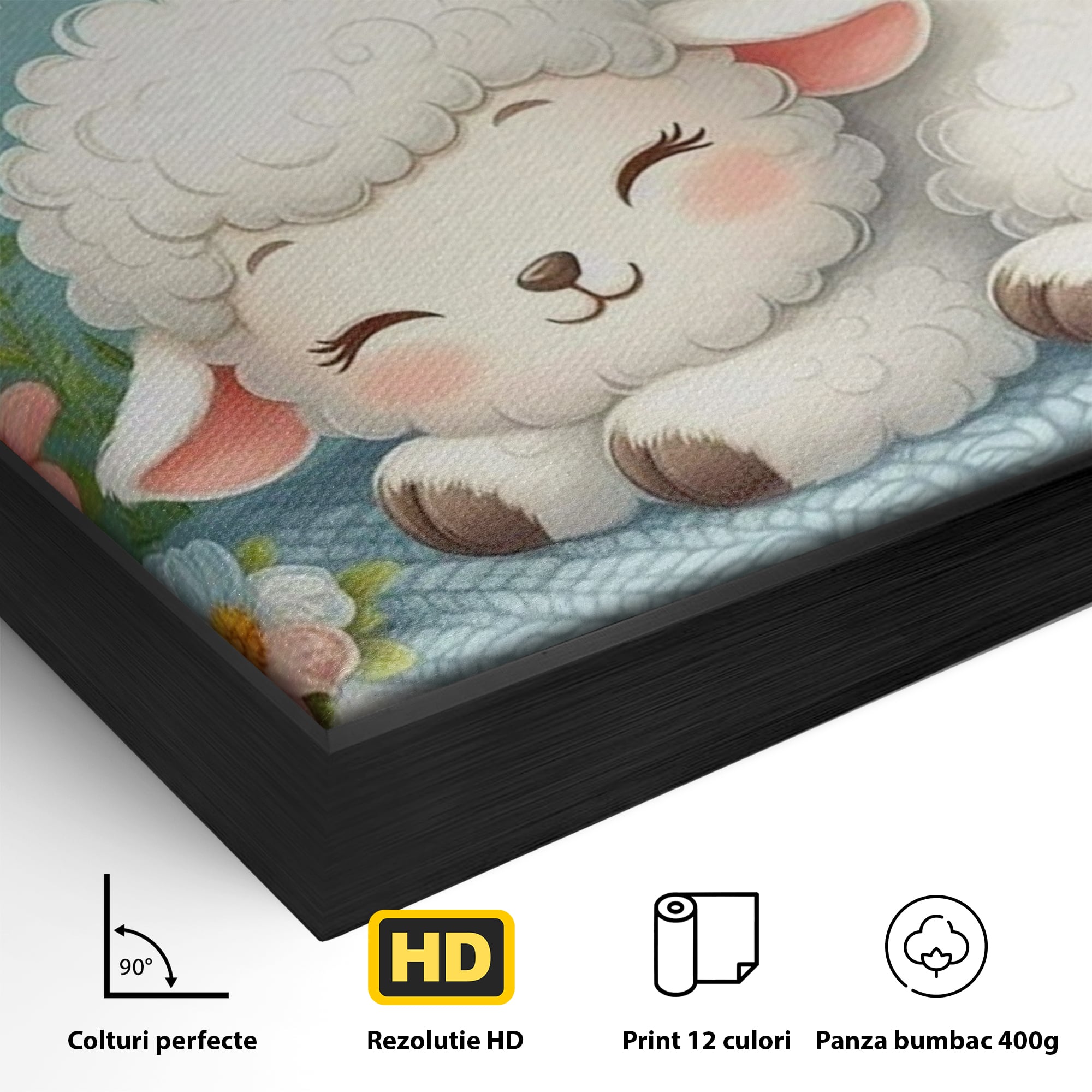 Detaliu al suprafetei: tablou canvas cu mielusel si pasarele, in rama de aluminiu negru